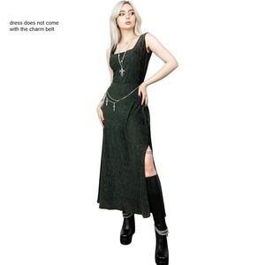 DISTURBIA Thekla Ribbed Velour Maxi Dress Whimsigoth Gothic Grunge Green 6